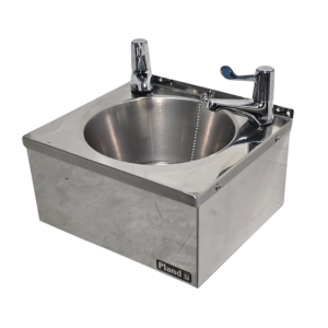Wall-mounted polished stainless steel hand rinse basin with apron support and central waste outlet.