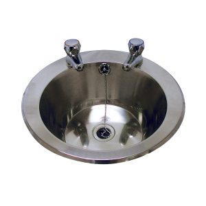CYPRUS circular stainless steel wash basin with satin finish, 306mm diameter, 150mm deep, includes fixings and waste kit.