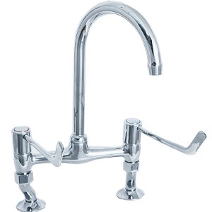 Deva Methven DLV305B bridge sink mixer with chrome finish, 6" lever handles, swivel spout, and adjustable leg centres.