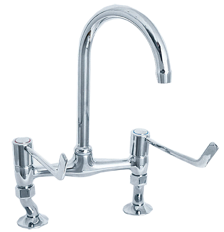 Deva Methven DLV305B bridge sink mixer with chrome finish, 6" lever handles, swivel spout, and adjustable leg centres.