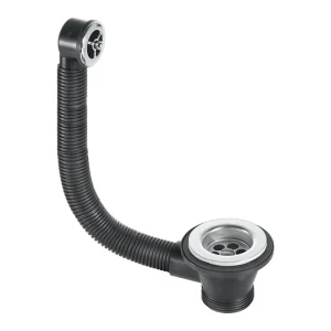 McAlpine FVW1PC combined waste and overflow unit with stainless steel flange, chrome-plated overflow grid, and flexible tube for vanity basin installation.