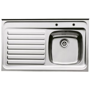Scott & James sit-on sink unit with rolled front edge, single bowl and drainer, stainless steel finish.