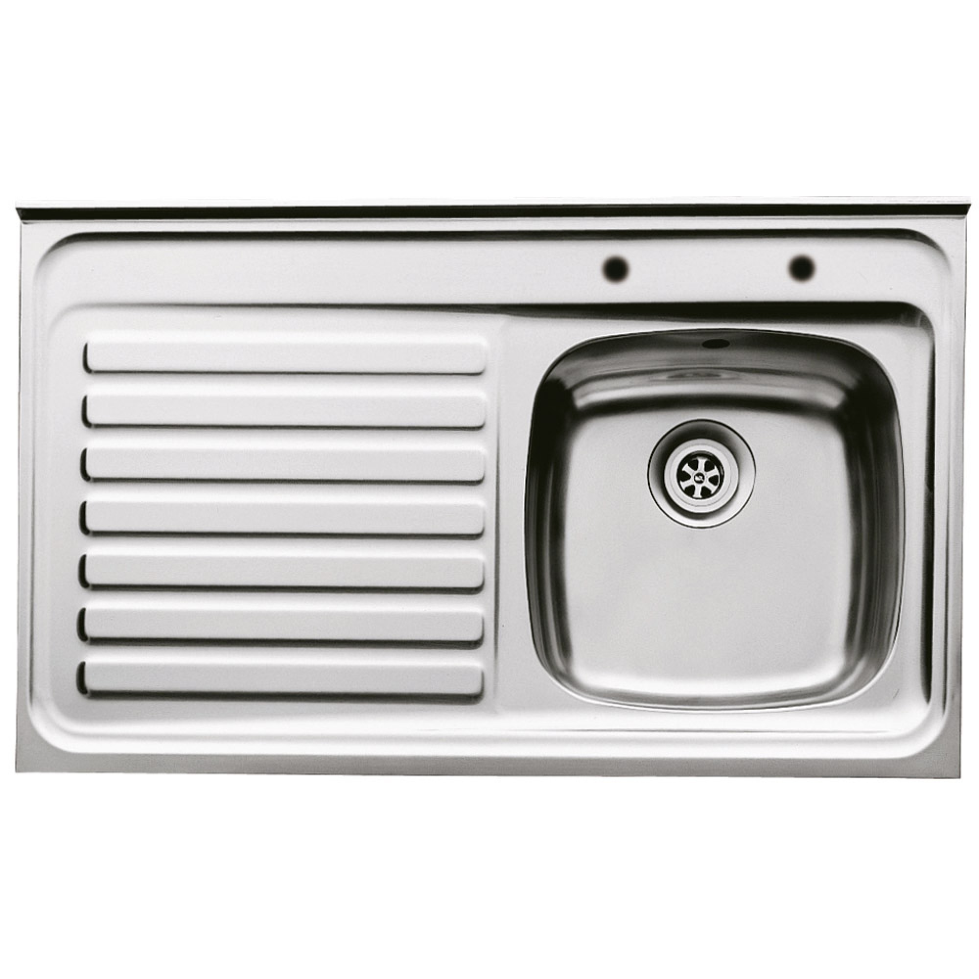 Scott & James sit-on sink unit with rolled front edge, single bowl and drainer, stainless steel finish.