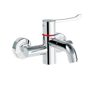Delabie SECURITHERM BIOCLIP wall-mounted thermostatic sink mixer with dual stainless steel spouts, chrome-plated brass body, and hygiene control lever.