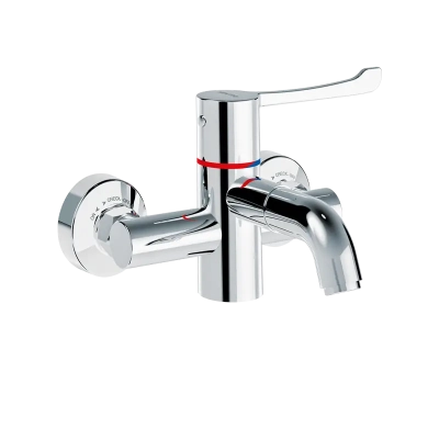 Delabie SECURITHERM BIOCLIP wall-mounted thermostatic sink mixer with dual stainless steel spouts, chrome-plated brass body, and hygiene control lever.