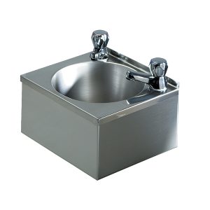 CWBMIN Mini Stainless Steel Hand Rinse Basin – wall-mounted with polished finish, central waste, and apron support for hygiene-critical environments.