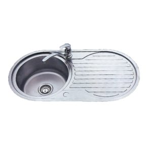Scott & James 900mm round bowl stainless steel sink with reversible drainer and basket strainer waste.