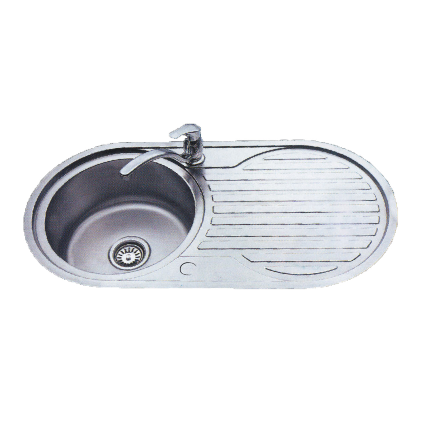 Scott & James 900mm round bowl stainless steel sink with reversible drainer and basket strainer waste.