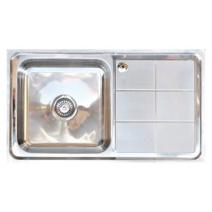 Knightsbridge stainless steel inset sink with single or 1.5 bowl configuration, polished finish, and handed drainer design.