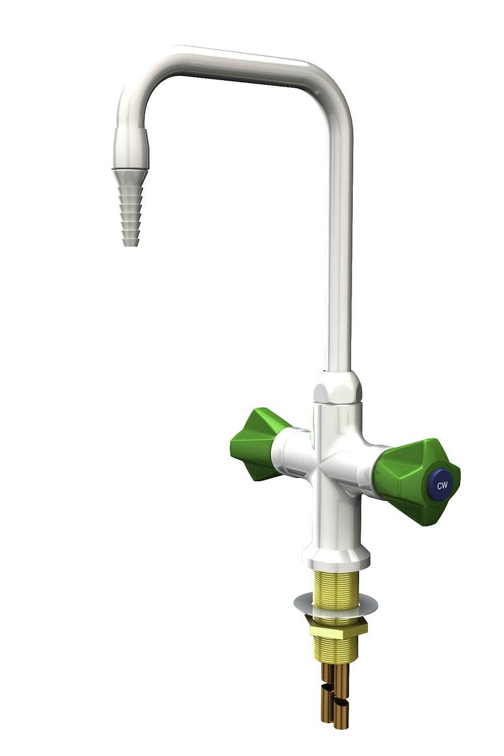 WaterSaver BT414 laboratory mixer tap with forged brass body, EN 13792 compliant handles, and convertible gooseneck with anti-splash outlet.