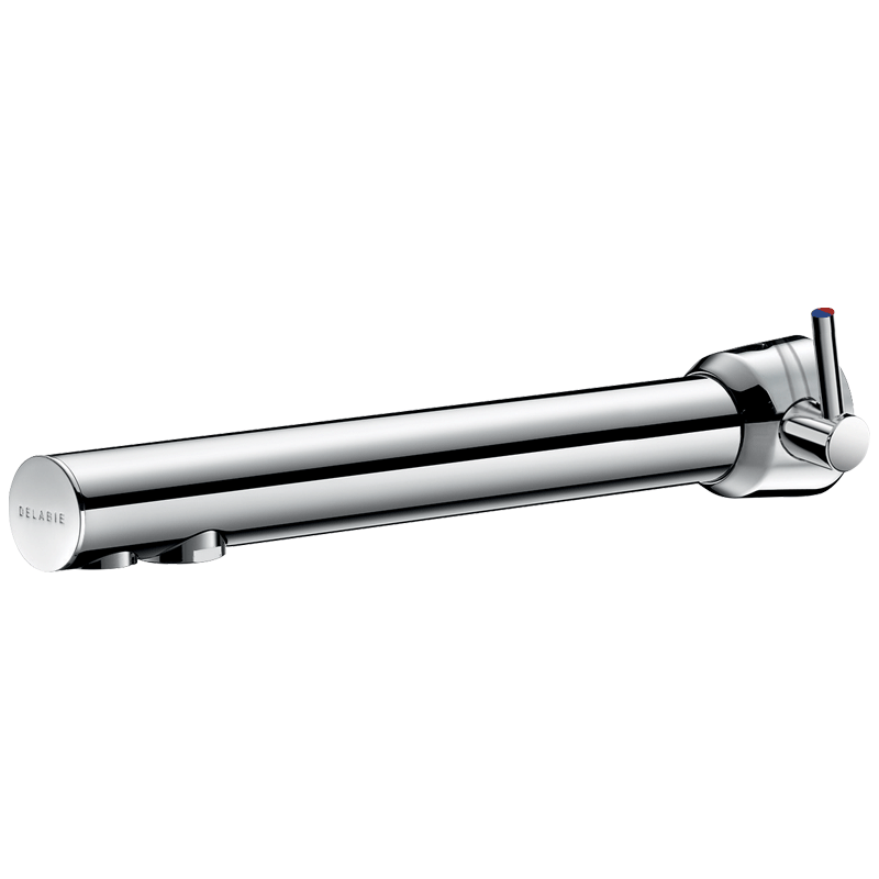 Delabie BINOPTIC MIX electronic mixer with chrome-plated brass body, infrared sensor, and IP65-rated control unit.