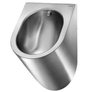 Delabie Delta wall-hung rimless urinal in polished satin stainless steel with rear inlet and concealed trap.