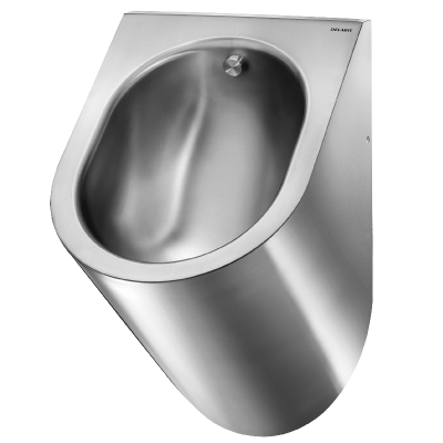 Delabie Delta wall-hung rimless urinal in polished satin stainless steel with rear inlet and concealed trap.