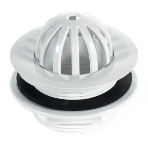 White plastic domed urinal waste with 2 inch BSP thread and removable strainer, suitable for trough urinals.