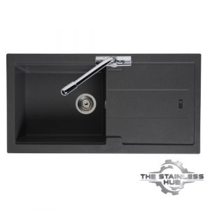 BALI 105 single bowl drainer kitchen sink in graphite finish, 970 x 500mm, includes waste kit, fits 600mm cabinets.