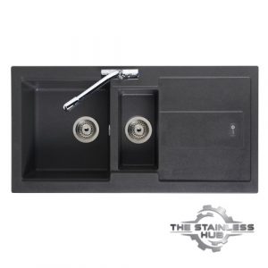 BALI 150 1.5 bowl drainer kitchen sink in graphite finish, 970 x 500mm, includes waste kit, fits 600mm cabinets.