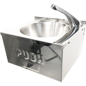 Stainless steel push pad basin with touch-free activation, available in standard and large sizes, complete with tap, plug, and waste.