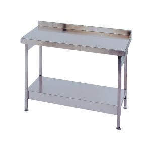 Stainless steel wall table with undershelf, rear upstand, and adjustable feet – available in multiple sizes for commercial and catering kitchens.