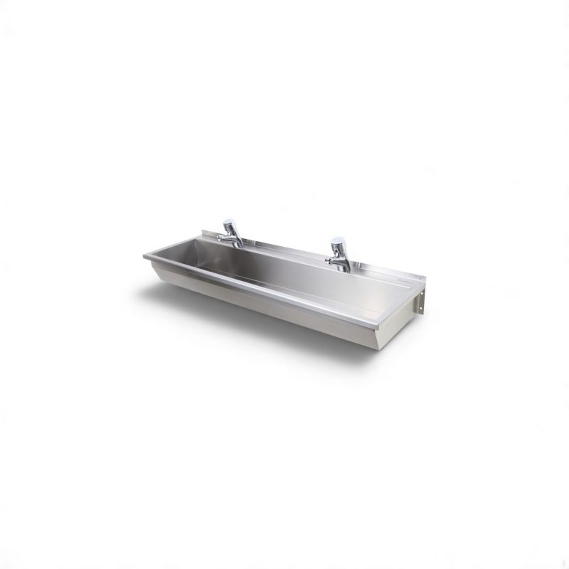 Pland Stainless Steel Wash Trough – satin finish with pre-drilled tapholes, available in multiple sizes for commercial and public washrooms.