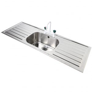 Troy single bowl double drainer inset sink made from polished 316 grade stainless steel, featuring a central bowl with dual drainers, 30mm rear upstand, front safety return fold, and tap holes at 180mm centres.