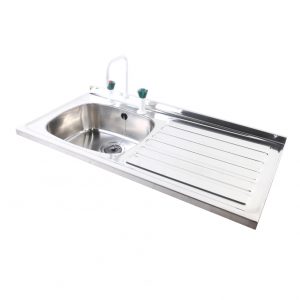 Troy sit-on sink top made from 316 grade stainless steel with a polished finish, featuring a single bowl with left-hand drainer, 30mm upstand, and front safety return fold. Includes tap holes, overflow, and sound-deadening pads.