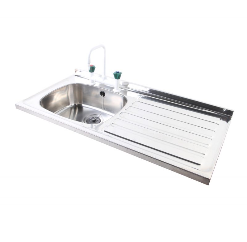 Troy sit-on sink top made from 316 grade stainless steel with a polished finish, featuring a single bowl with left-hand drainer, 30mm upstand, and front safety return fold. Includes tap holes, overflow, and sound-deadening pads.