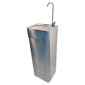 Malvern stainless steel drinking fountain with satin finish, shown floor-standing variants, featuring glass filler and optional bubbler for public and commercial use.