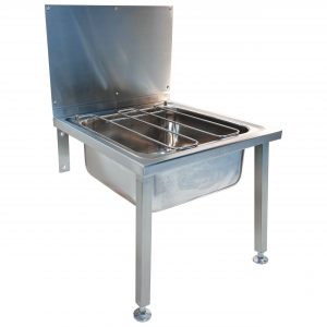 Tonga Stainless Steel Bucket Sink – wall/floor mounted with satin finish and bucket grating, designed for hygiene-critical commercial environments.