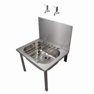 Tahiti Stainless Steel Bucket Sink – satin-finished 304 grade steel with splashback and hinged grid, designed for heavy-duty use in commercial and industrial sanitation areas.
