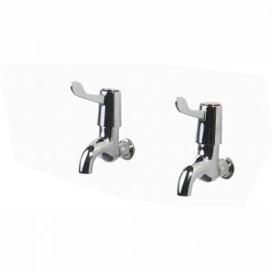 Lever action bib taps with polished chrome finish, ceramic disc valves, and ergonomic handles, designed for accessible use in residential, healthcare, and commercial settings.