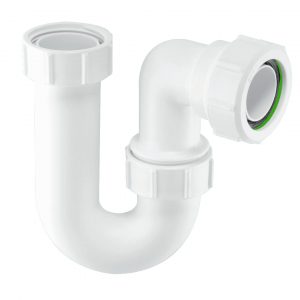 McAlpine tubular swivel P trap for 2-inch waste systems, featuring a 75mm water seal and multifit compression outlet, made from durable polypropylene.