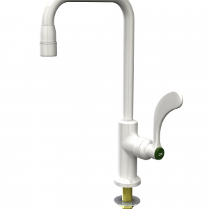 Water Saver BT621-RH deck-mounted brass faucet with white powder-coated finish, 6-inch convertible gooseneck spout, color-coded handles, and G3/8 female outlet with removable aerator.