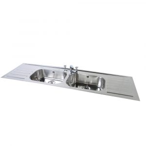 "Commercial-grade double bowl double drainer inset sink made from satin-polished 304 stainless steel. Features two bright-polished bowls with integrated drainers on both sides, sound-deadening pads, and multiple tap hole configurations. Designed for durability and hygiene in kitchens, utility rooms, and commercial spaces."