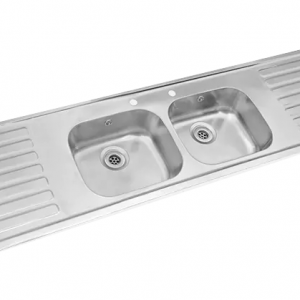 “NSS0070 Double Bowl Double Drainer Inset Sink with 1800x510mm stainless steel surface, twin 400x340x180mm bowls, and integrated drainers – suitable for 1000mm base cabinets.”