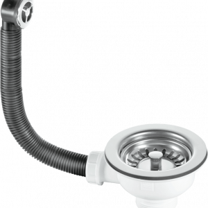 “McAlpine Basket Strainer Waste and Overflow with stainless steel flange, stem ball plug, and chrome-plated overflow grid – designed for quick, neat installation in kitchen sinks.”