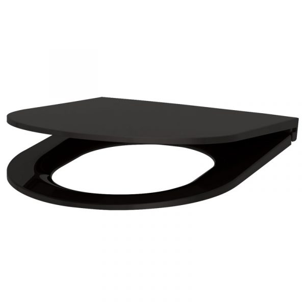 Black slimline Duroplast toilet seat with lid and 304 stainless steel hinges, compatible with S21 WC models.