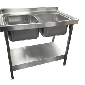 Commercial stainless steel double‑bowl pot wash sink with adjustable stand and satin polished finish.